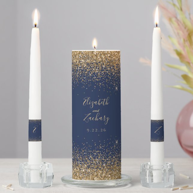 Modern Navy Blue Gold Faux Glitter Edge Unity Candle Set (In Situ)