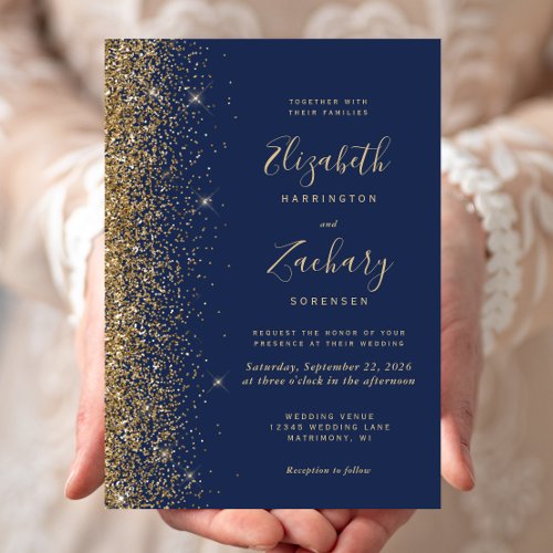Modern Navy Blue Gold Faux Glitter Edge Wedding Invitation