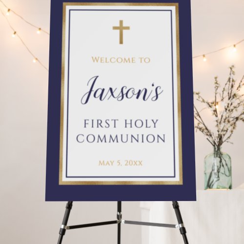 Modern Navy blue gold First Communion welcome sign