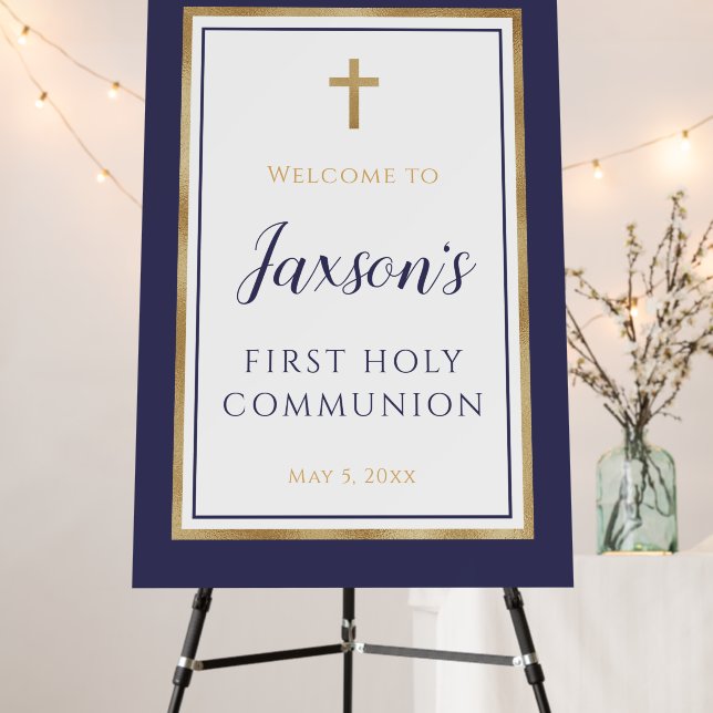 Modern Navy blue gold First Communion welcome sign (In Situ (Stand))