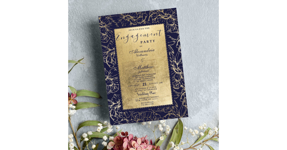 Modern navy blue gold floral chic Engagement Invitation | Zazzle
