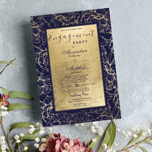 Modern navy blue gold floral chic Engagement Invitation
