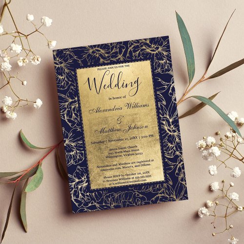 Modern navy blue gold floral chic Wedding Invitation