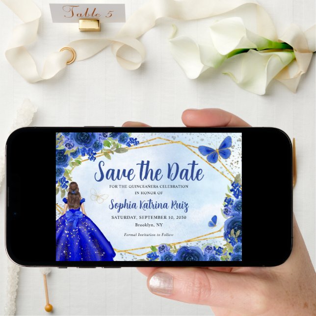 Modern Navy Blue Gold Floral Princess Quinceañera Save The Date (Front Digital)