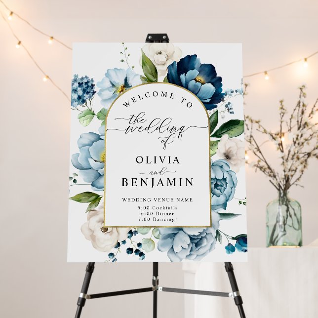 Modern Navy Blue Gold Floral Wedding Welcome Sign (In Situ (Stand))