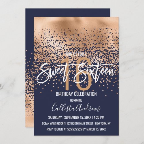 Modern Navy Blue Gold Foil Confetti Ombre Sweet 16 Invitation