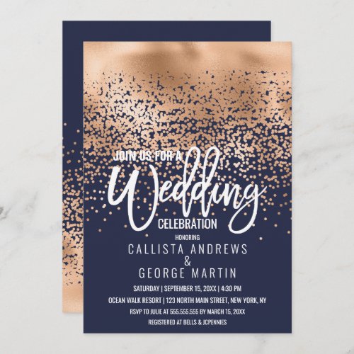 Modern Navy Blue Gold Foil Confetti Ombre Wedding Invitation