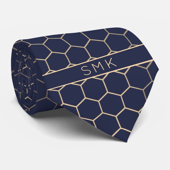 Modern Navy Blue Gold Foil Geometric Monogram Neck Tie (Rolled)