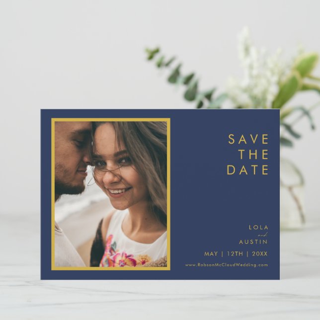 Modern Navy Blue | Gold Font Photo Horizontal Save The Date (Standing Front)