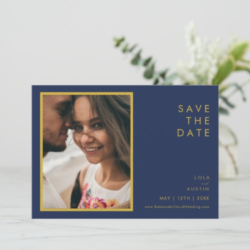 Modern Navy Blue  Gold Font Photo Horizontal Save The Date