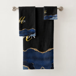 Modern Navy Blue Gold Glitter Agate Geode Monogram Bath Towel Set