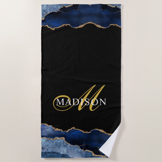 Modern Navy Blue Gold Glitter Agate Geode Monogram Beach Towel (Front)