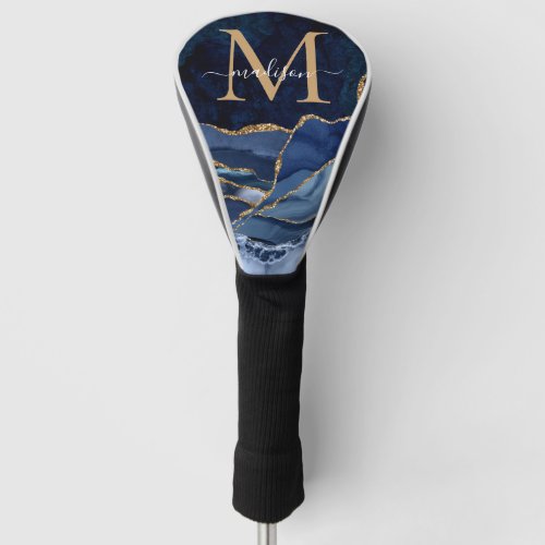 Modern Navy Blue Gold Glitter Agate Geode Monogram Golf Head Cover