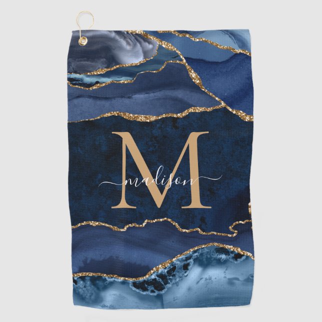 Modern Navy Blue Gold Glitter Agate Geode Monogram Golf Towel (Front)