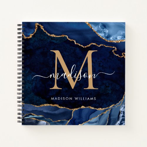 Modern Navy Blue Gold Glitter Agate Geode Monogram Notebook