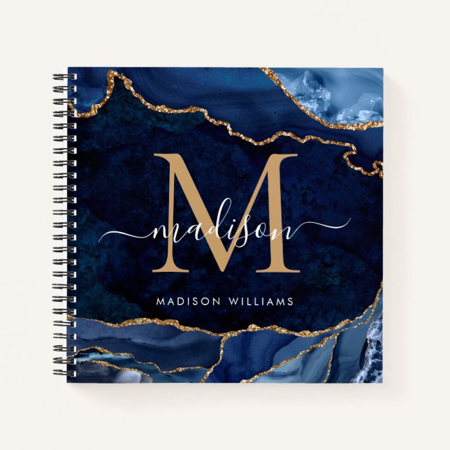 Modern Navy Blue Gold Glitter Agate Geode Monogram Notebook (Front)