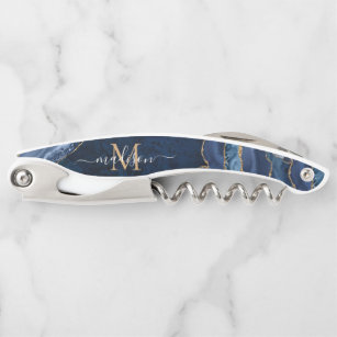 Modern Navy Blue Gold Glitter Agate Geode Monogram Waiter's Corkscrew