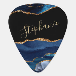 Modern Navy Blue Gold Glitter Agate Monogram  Guitar Pick