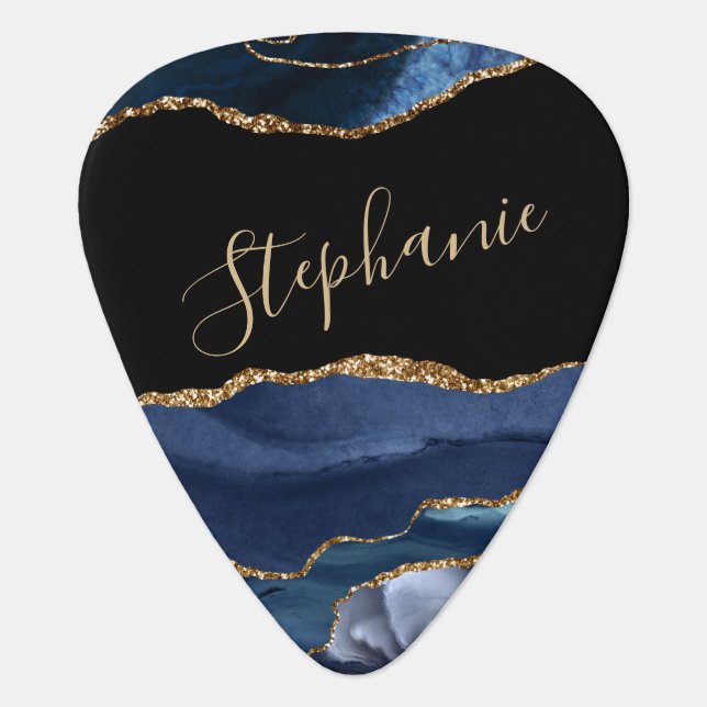 Modern Navy Blue Gold Glitter Agate Monogram  Guitar Pick (Front)