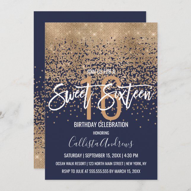 Modern Navy Blue Gold Glitter Confetti Sweet 16 Invitation (Front/Back)