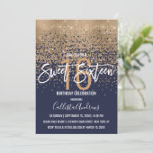Modern Navy Blue Gold Glitter Confetti Sweet 16 Invitation (Standing Front)