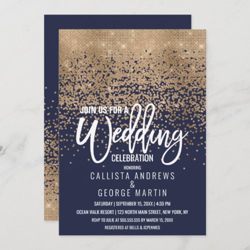 Modern Navy Blue Gold Glitter Confetti Wedding Invitation