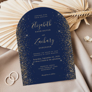 Modern Navy Blue Gold Glitter Edge Arch Wedding Invitation