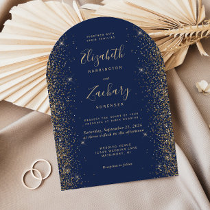 Modern Navy Blue Gold Glitter Edge Arch Wedding Invitation