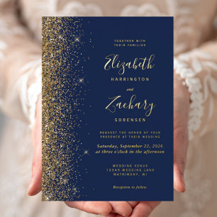 Modern Navy Blue Gold Glitter Edge Wedding Foil Invitation