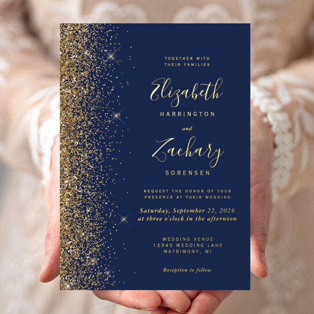 Modern Navy Blue Gold Glitter Edge Wedding Foil Invitation (Creator Uploaded)