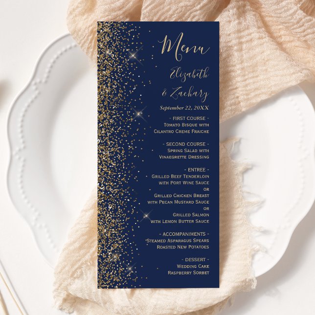Modern Navy Blue Gold Glitter Edge Wedding Menu (Creator Uploaded)
