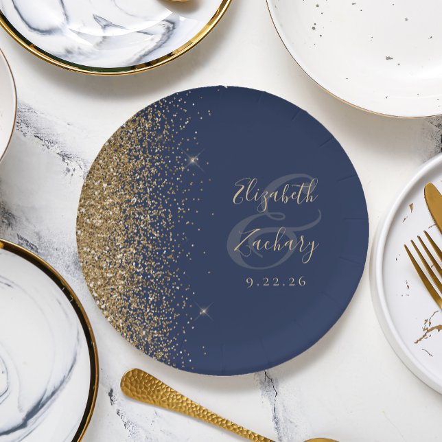 Modern Navy Blue Gold Glitter Edge Wedding Paper Plates (Creator Uploaded)