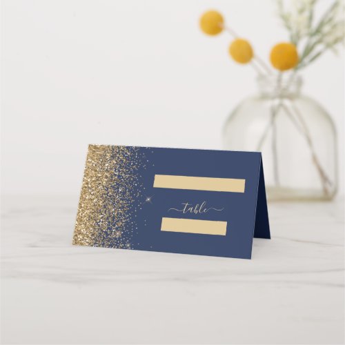 Modern Navy Blue Gold Glitter Edge Wedding Place Card
