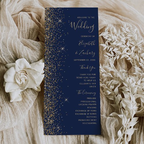 Modern Navy Blue Gold Glitter Edge Wedding Program