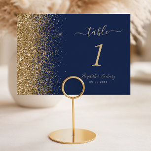 Modern Navy Blue Gold Glitter Edge Wedding Table Number