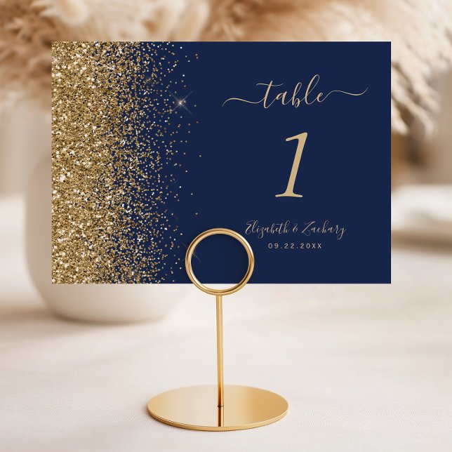 Modern Navy Blue Gold Glitter Edge Wedding Table Number (Creator Uploaded)