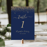 Modern Navy Blue Gold Glitter Edge Wedding Table Number<br><div class="desc">The top edge of this elegant modern wedding table number features a gold faux glitter design. The customizable text combines pale gold-colored handwriting,  copperplate and italic fonts on a navy blue background.</div>