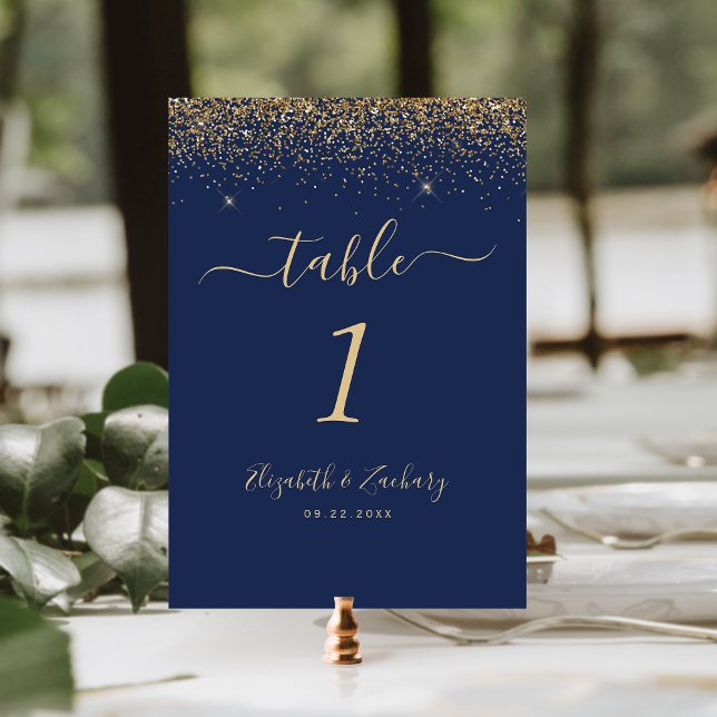 Modern Navy Blue Gold Glitter Edge Wedding Table Number (Creator Uploaded)