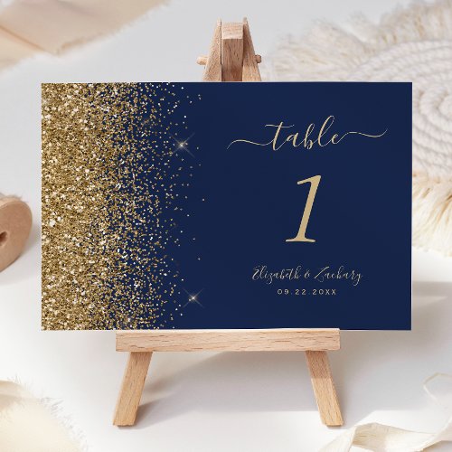 Modern Navy Blue Gold Glitter Edge Wedding Table Number