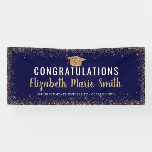 Modern Navy Blue Gold Glitter Grad Cap Graduation Banner