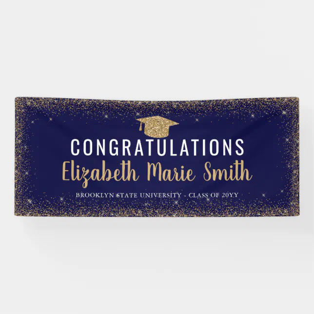 Modern Navy Blue Gold Glitter Grad Cap Graduation Banner | Zazzle