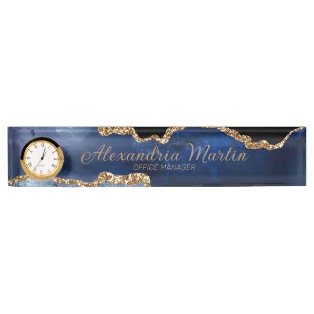 Modern Navy Blue Gold Glitter Script Font Clock Desk Name Plate (Front)