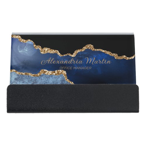 Modern Navy Blue Gold Glitter Script Font  Desk Business Card Holder