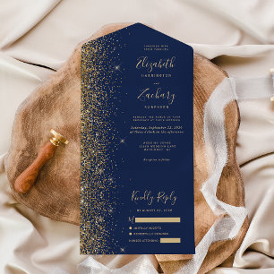 Modern Navy Blue Gold Glitter Wedding All In One Invitation