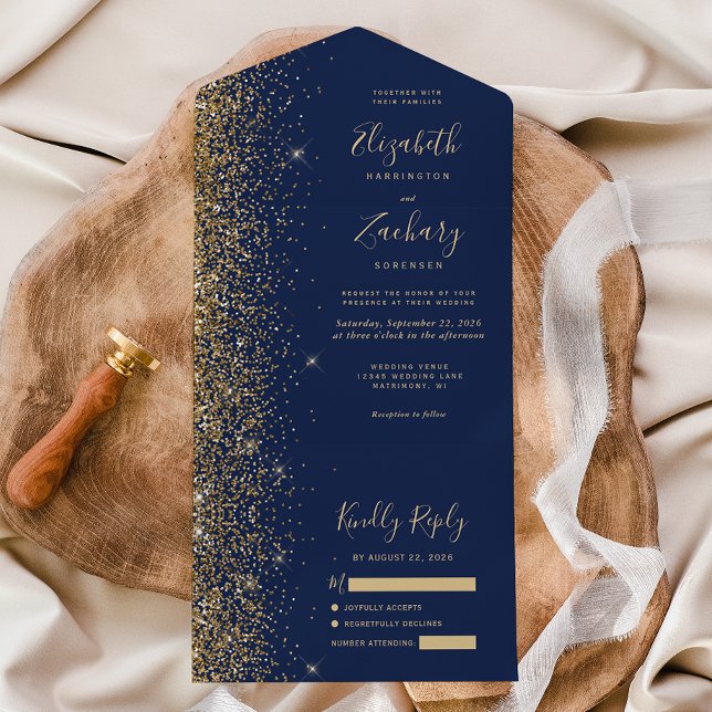 Modern Navy Blue Gold Glitter Wedding All In One Invitation (Creator Uploaded)