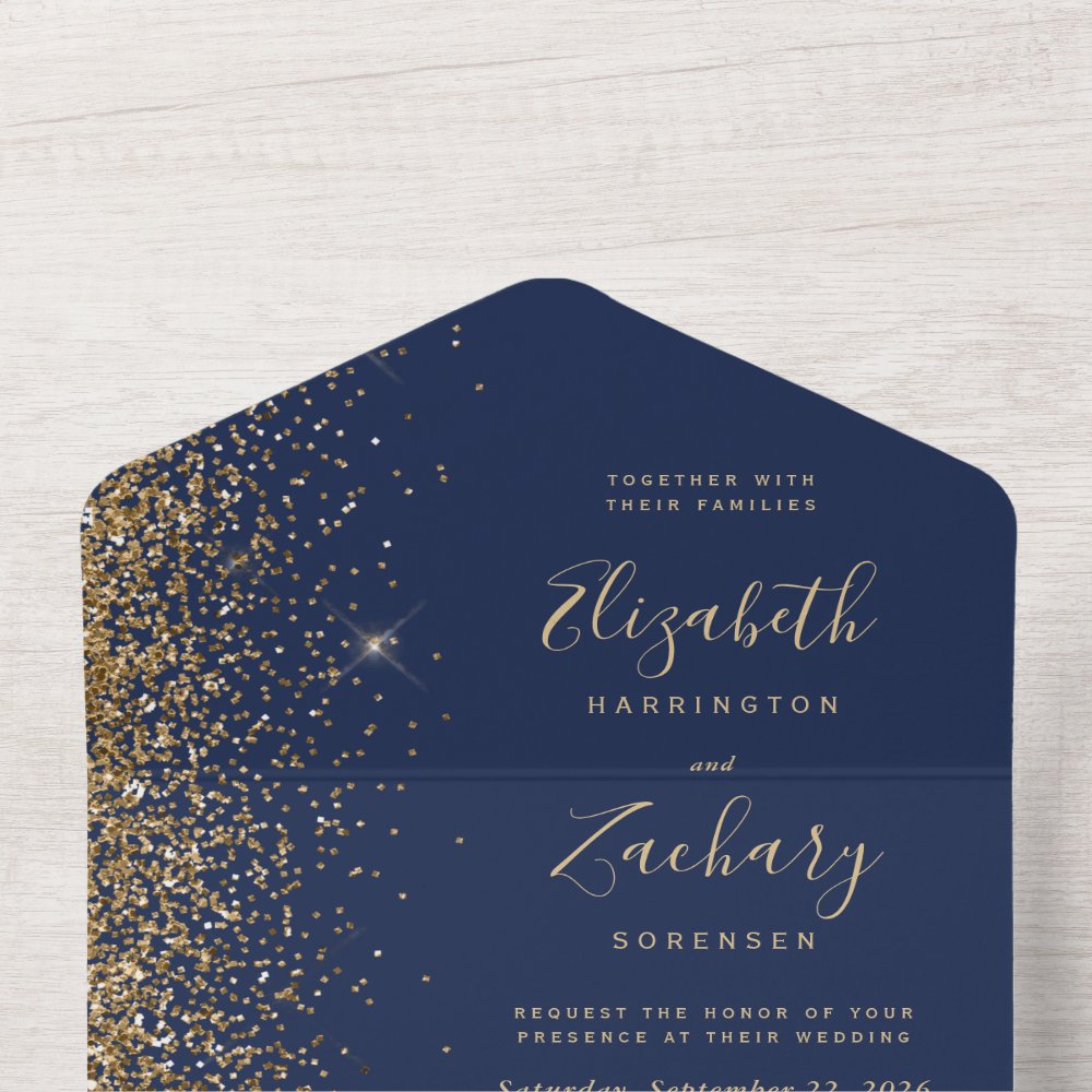 Discover Modern Navy Blue Gold Glitter Wedding All In One Invitation