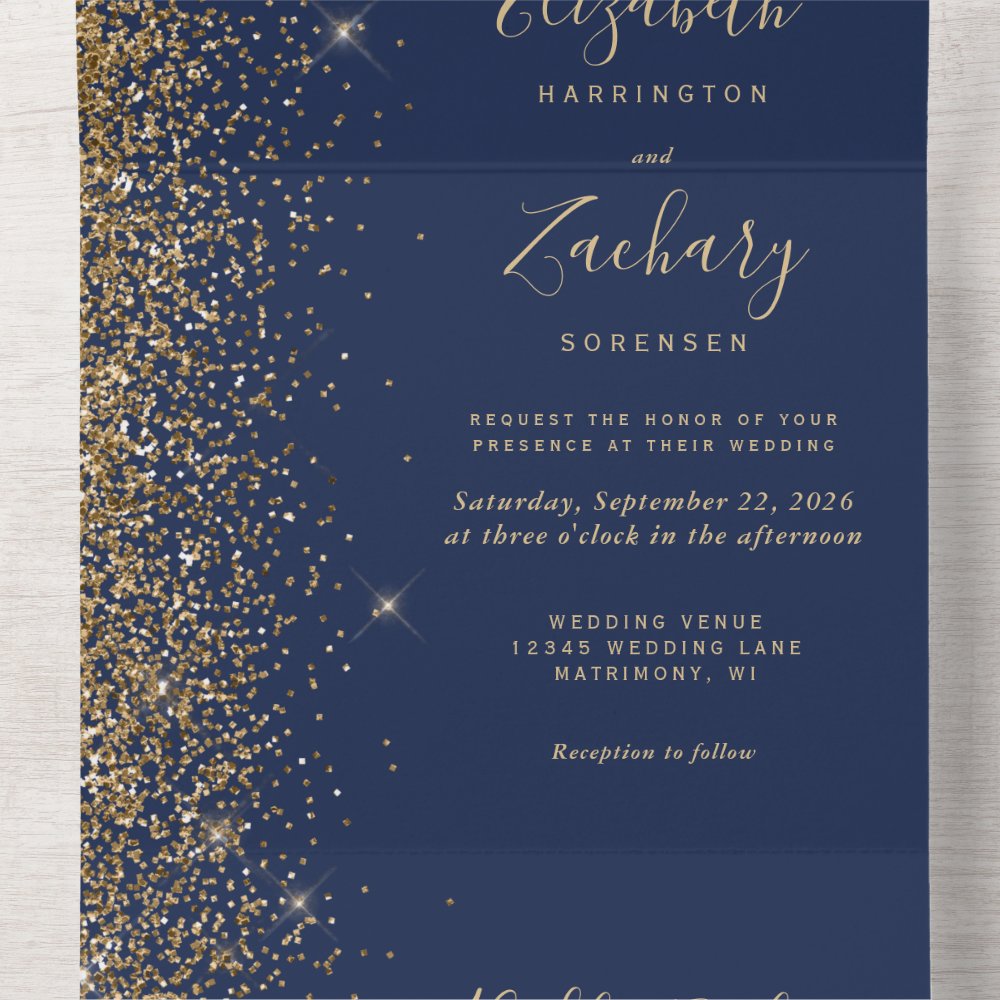 Discover Modern Navy Blue Gold Glitter Wedding All In One Invitation