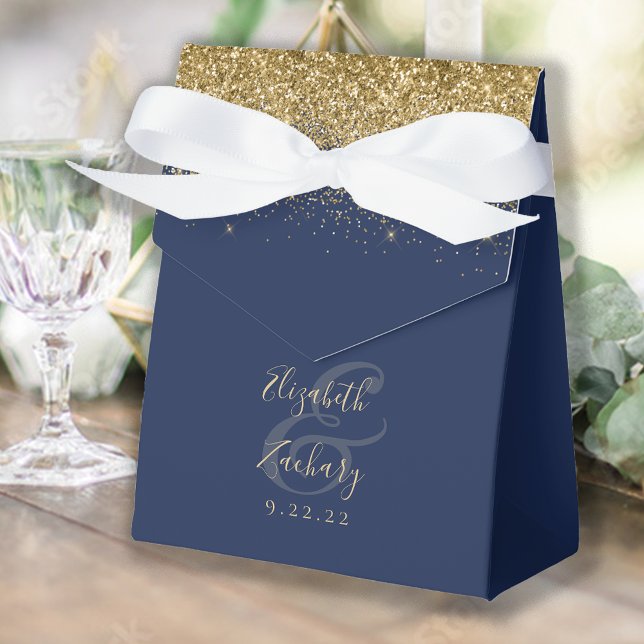 Modern Navy Blue Gold Glitter Wedding Favor Boxes (Creator Uploaded)