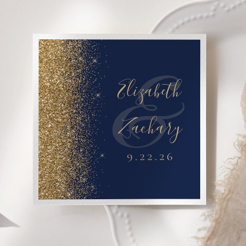 Modern Navy Blue Gold Glitter Wedding Napkins
