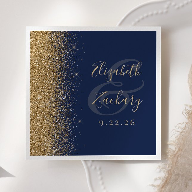 Modern Navy Blue Gold Glitter Wedding Napkins (Creator Uploaded)